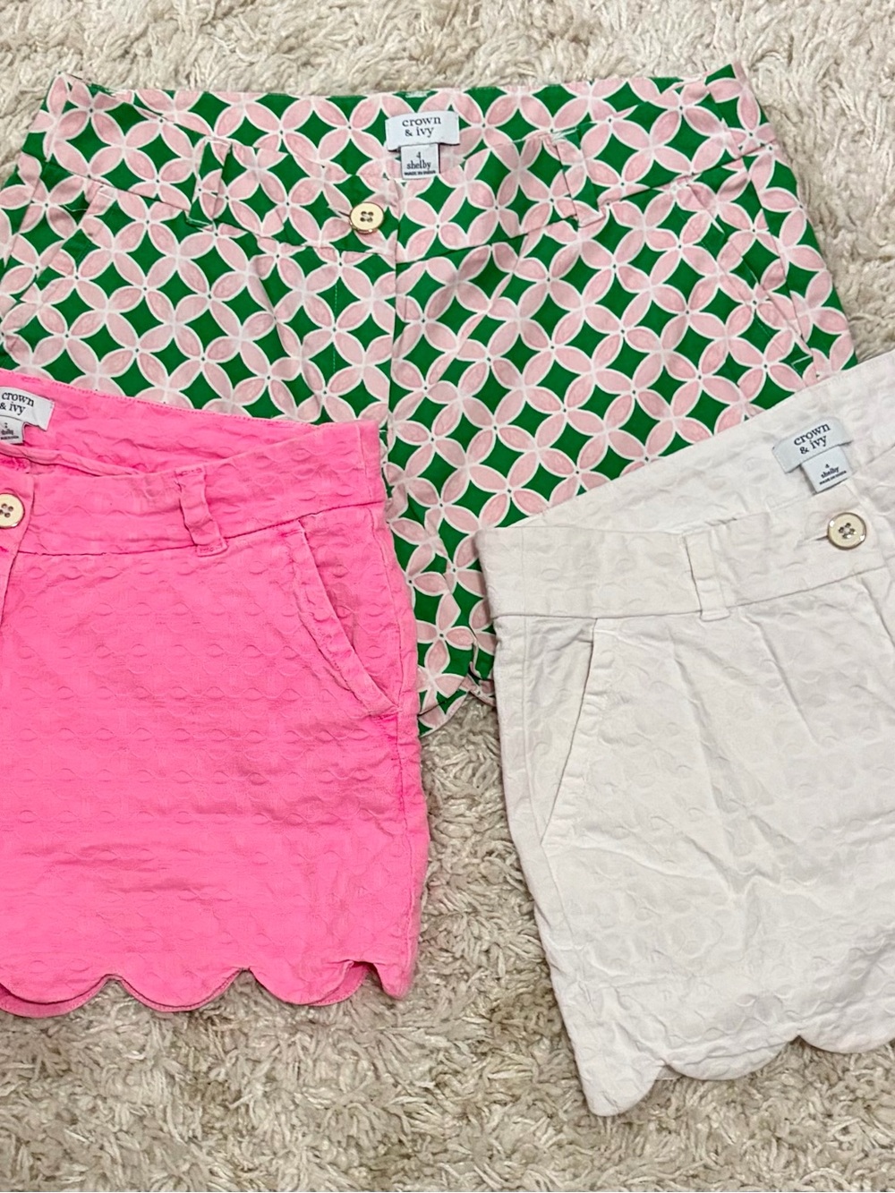 crown & ivy Pink, Green & Cream Scallop Hem Shorts Trio